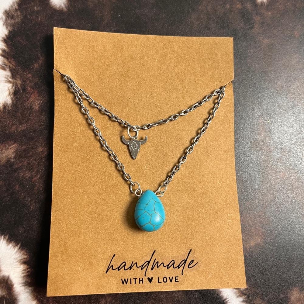 Turquoise and Silver Bull Pendant Necklace